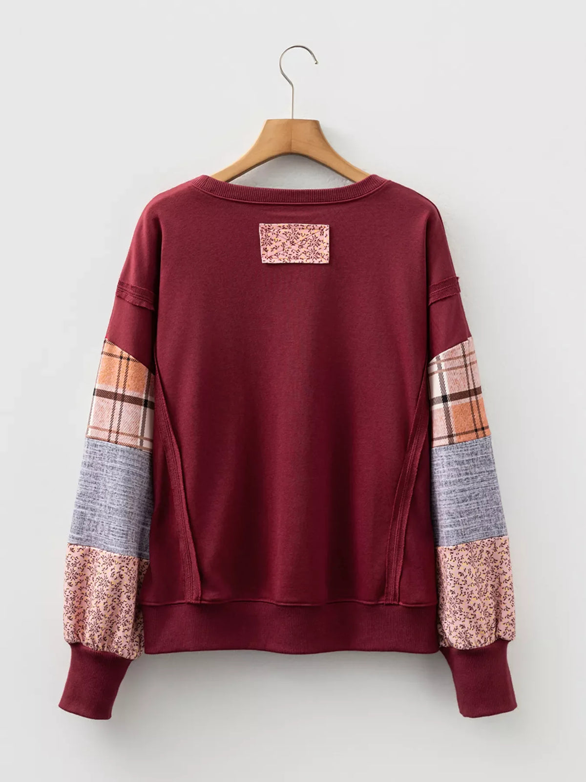 Plaid Colorblock Patchwork Sleeve Raw Seam Sweatshirt