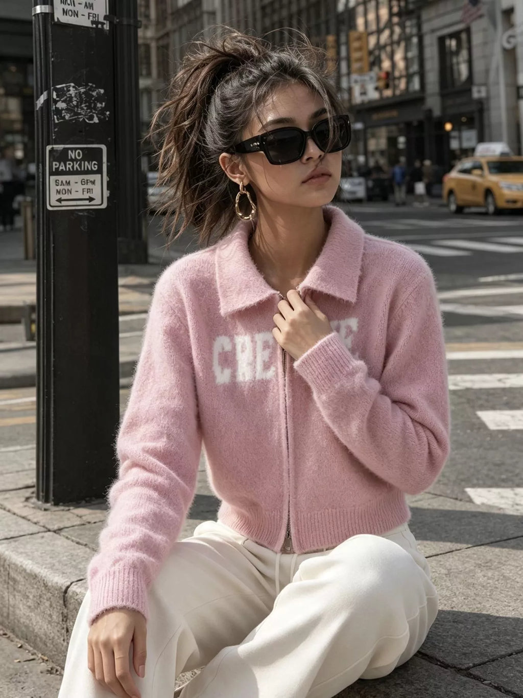 Fuzzy Letter Zip-Up Cardigan