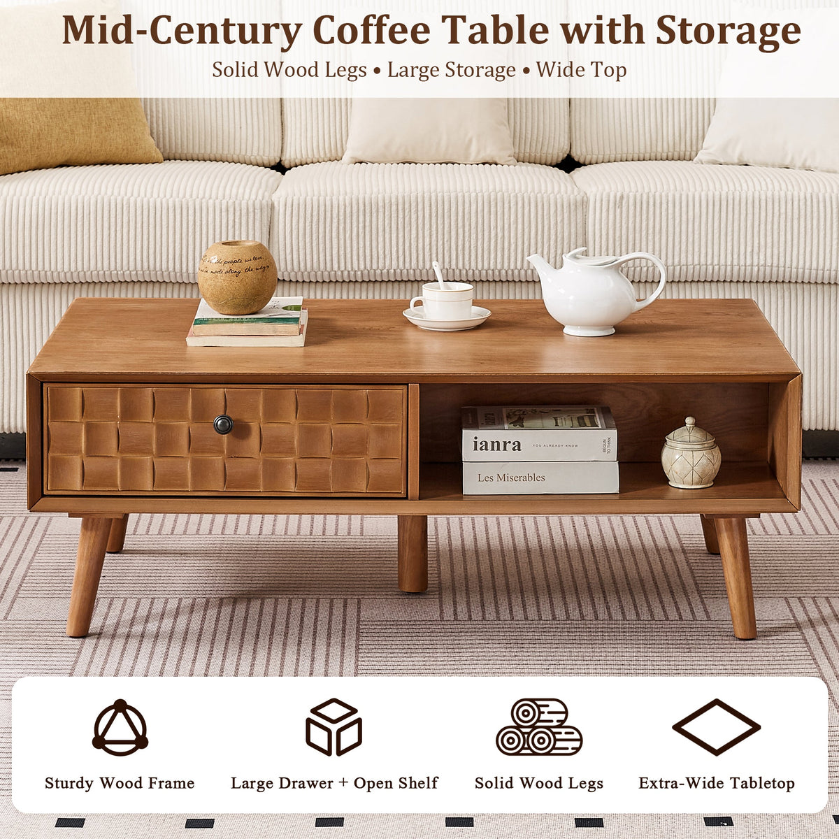 Engineered Wood Coffee Table with Storage – Hidden Drawer