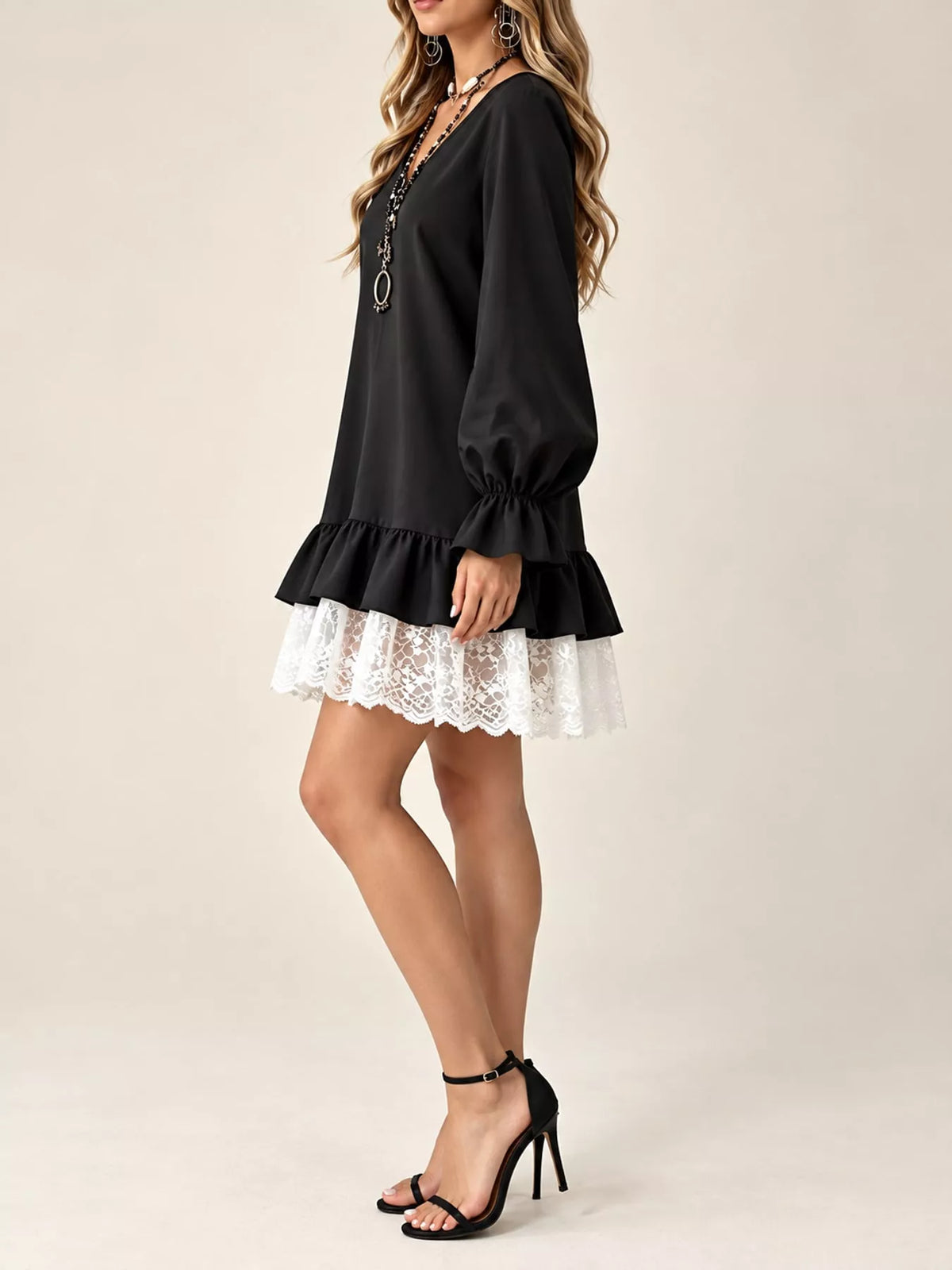 Lace Hem V-Neck Flounce Sleeve Dress