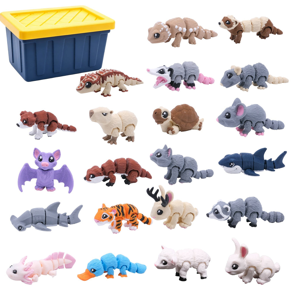 21PCS Mini Animal Figures Set, 3D Printed Cute Animal Collection Including Rabbit, Cat, Shark, Bat, Tiger, Capybara, Axolotl And More