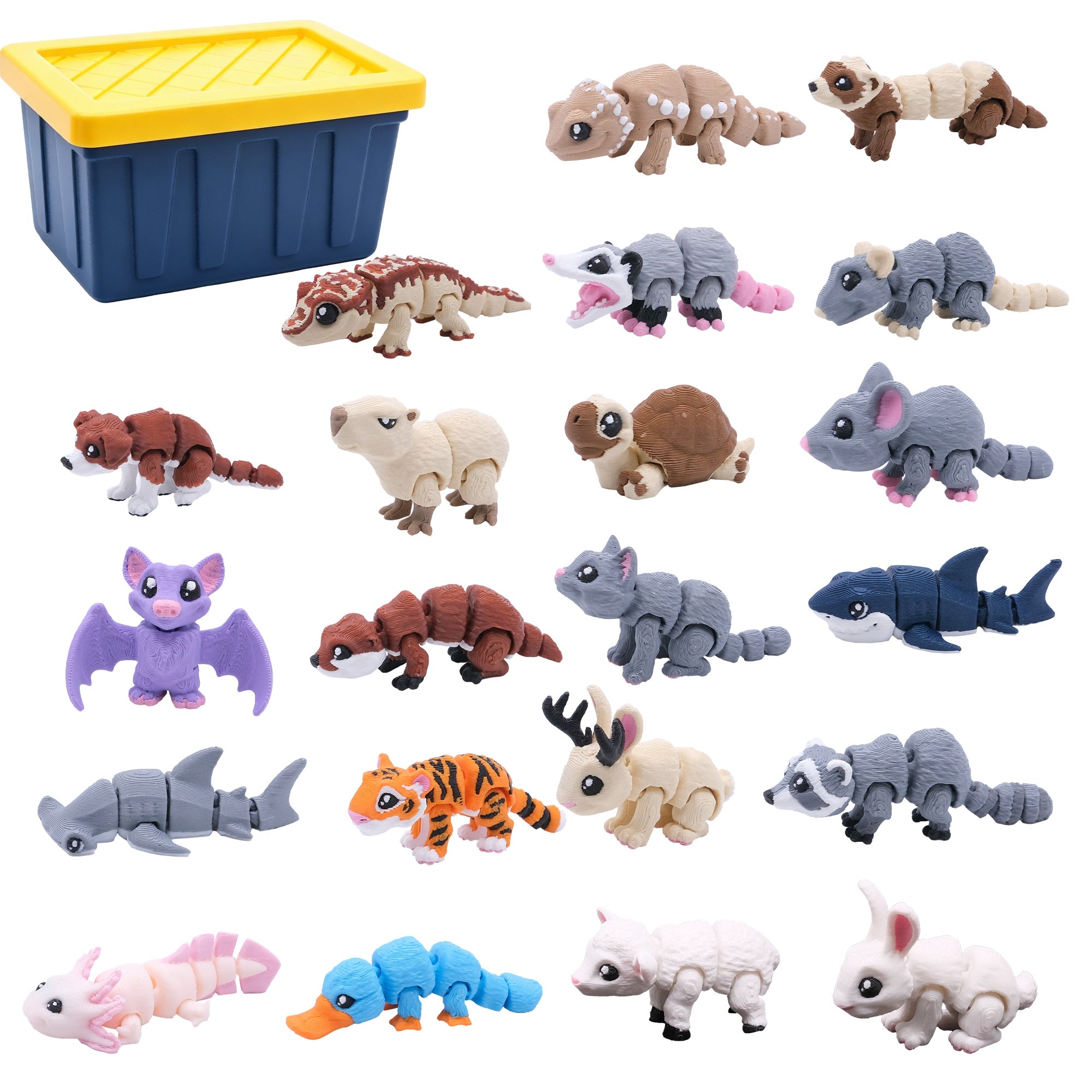 21PCS Mini Animal Figures Set, 3D Printed Cute Animal Collection Including Rabbit, Cat, Shark, Bat, Tiger, Capybara, Axolotl And More