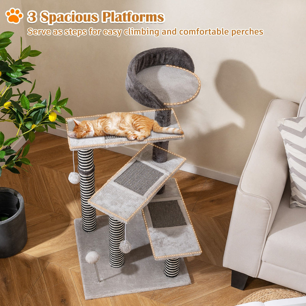 93 CM Tall Cat Tree Kitten Tower with Sisal and Jute Scratching Posts-Gray