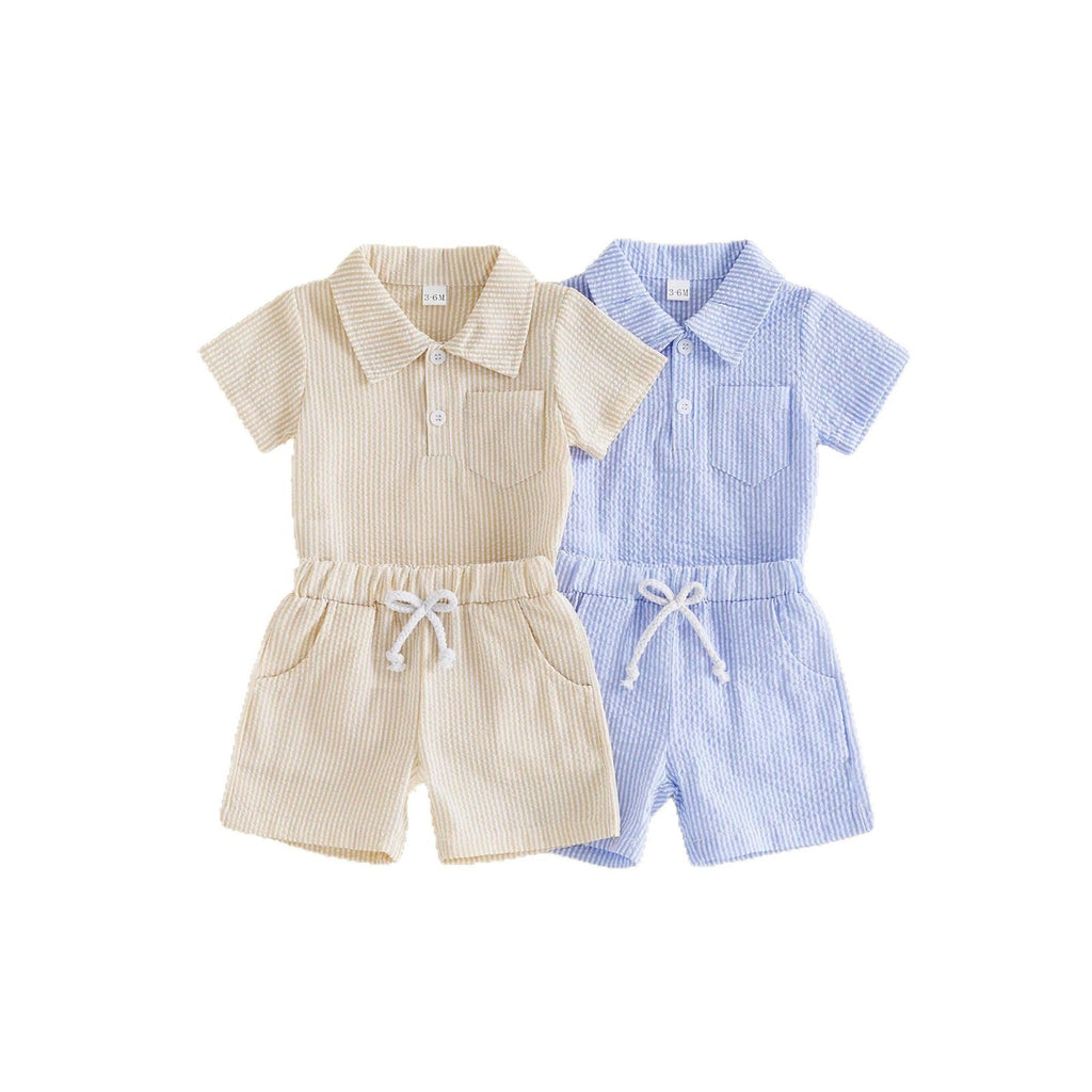 Simple And Casual Waffle-knit Polo-neck Short-sleeve Romper And Shorts Set