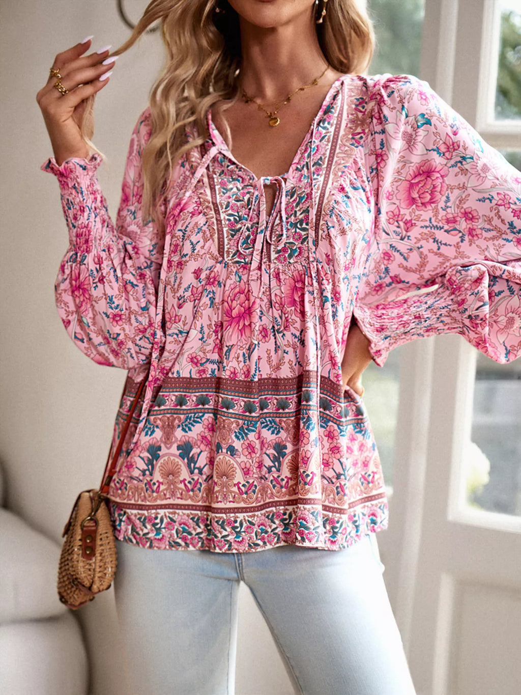 Floral Print Tie-Neck Blouse with Smocked Cuffs
