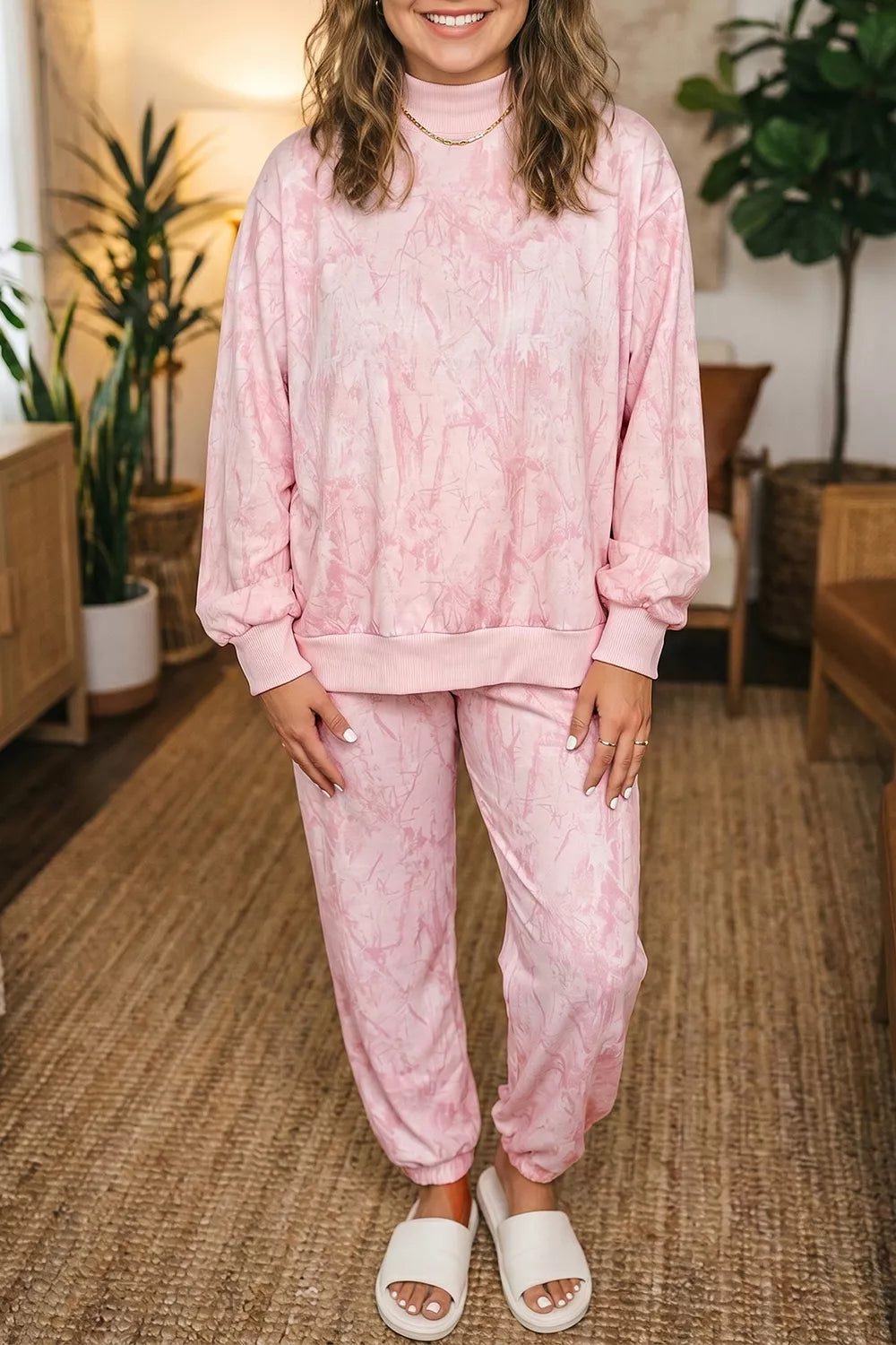 Plus Size Camouflage Print Stand Neck Long Sleeve Top and Pants Set