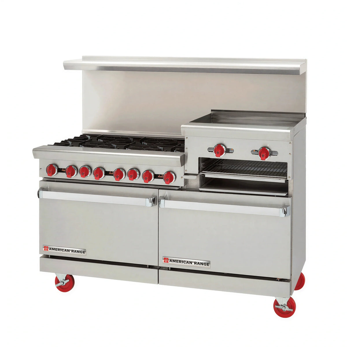 American Range AR-8B-24RG-DSB 72-Inch Gas Restaurant Range with 8 Open Burners, 24-Inch Raised Griddle/Broiler, Dual Storage Bases