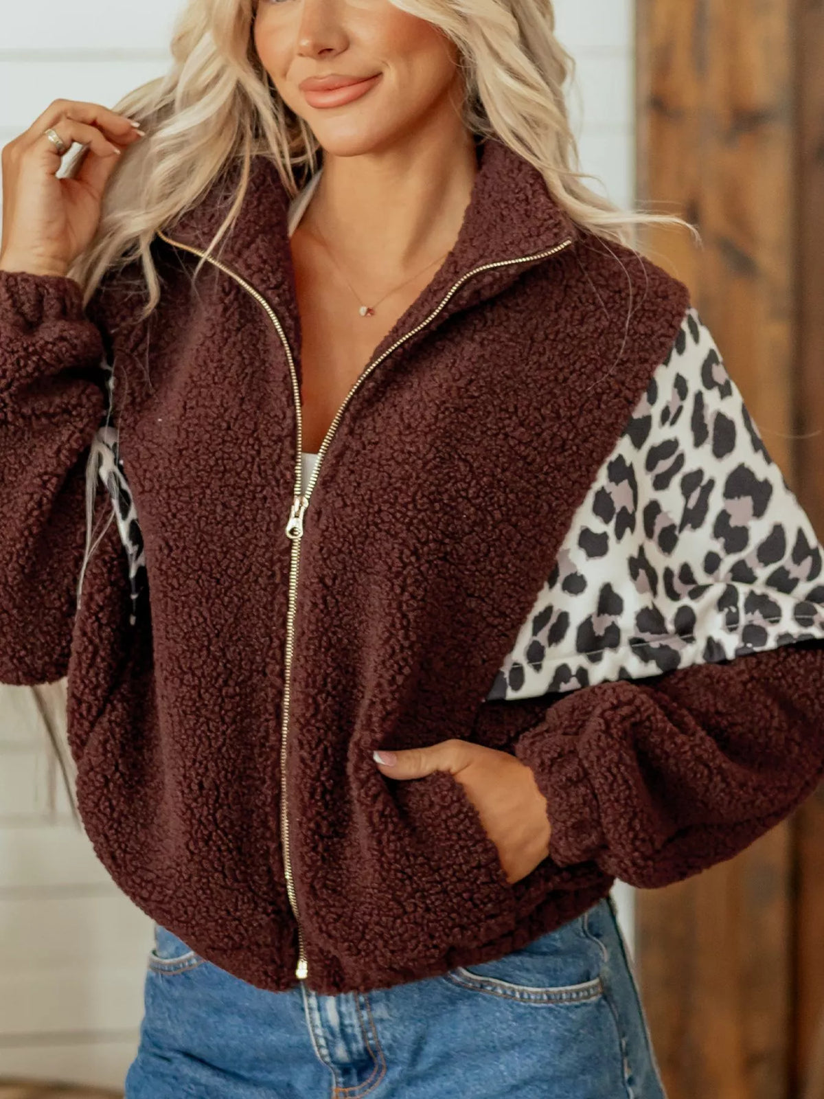 Leopard Patchwork Fleece Western Style Zip-up Collar Jacket