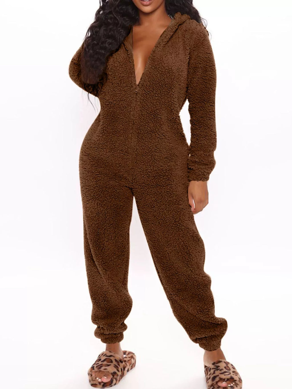 Full Size Fleece Zip-Up Hooded Jumpsuit Plus Size