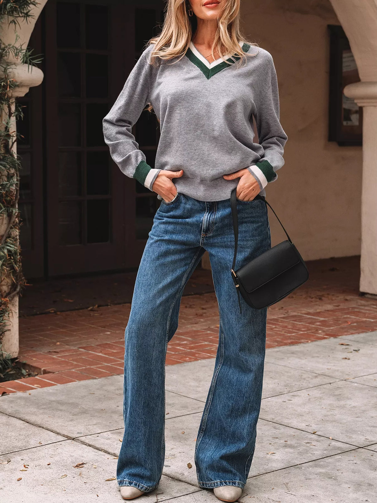 V-Neck Striped Trim Long Sleeve Sweater