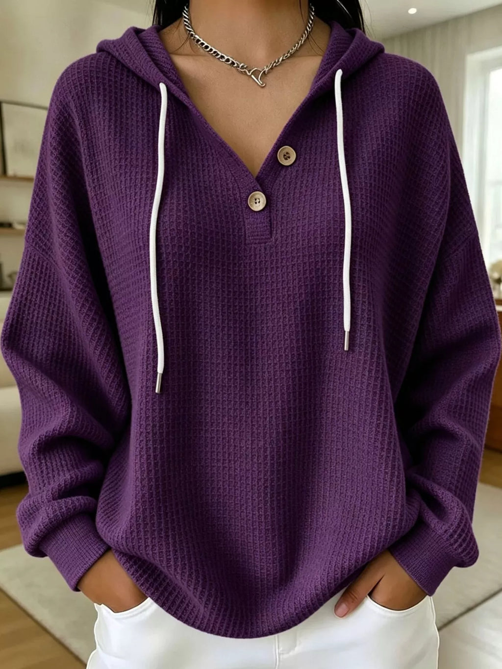 Full Size Waffle Knit Button Detail Hoodie Plus Size