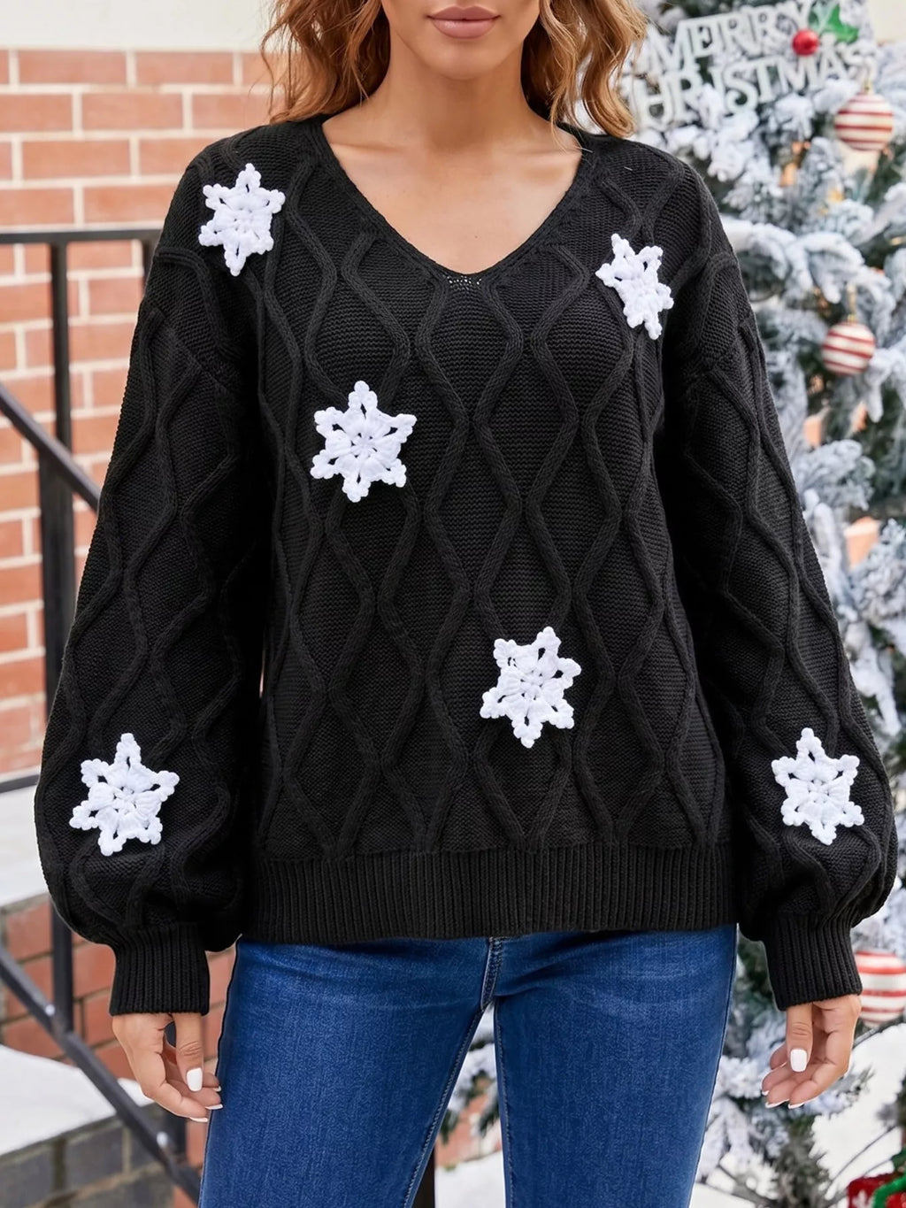 Snowflake Textured V-Neck Sweater
