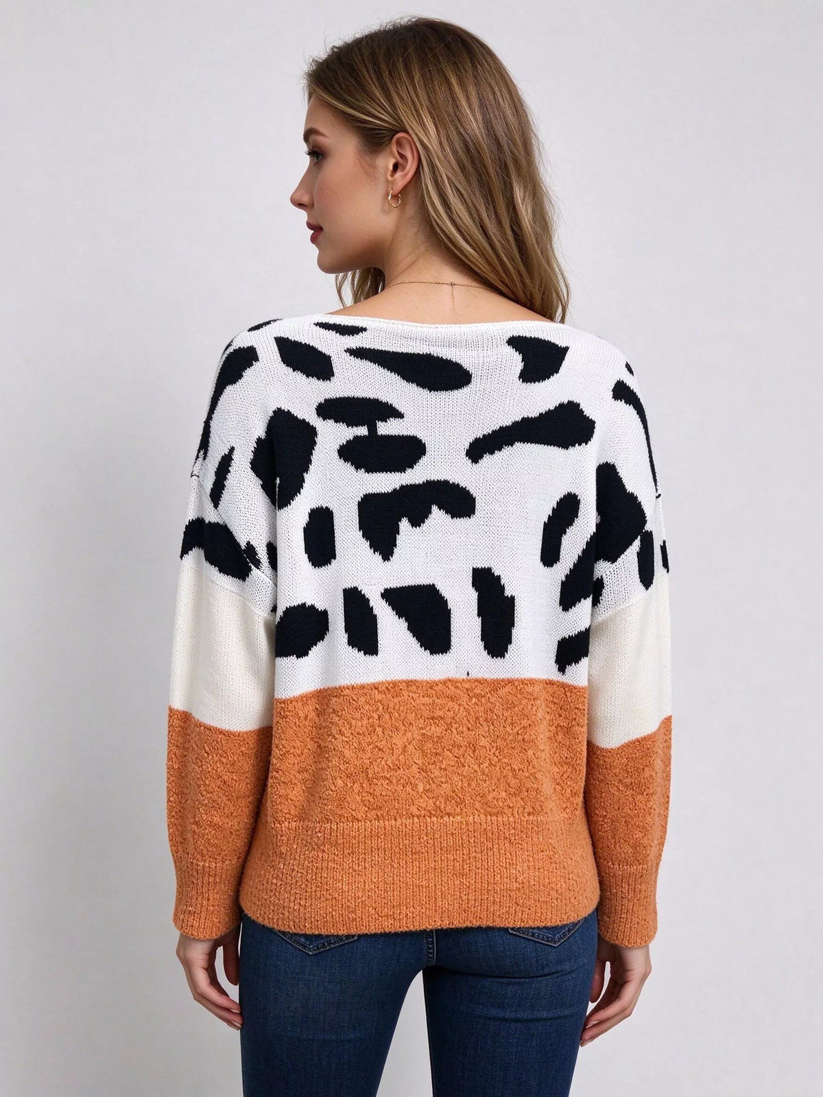 Full Size Off-Shoulder Colorblock Animal Print Sweater Plus Size