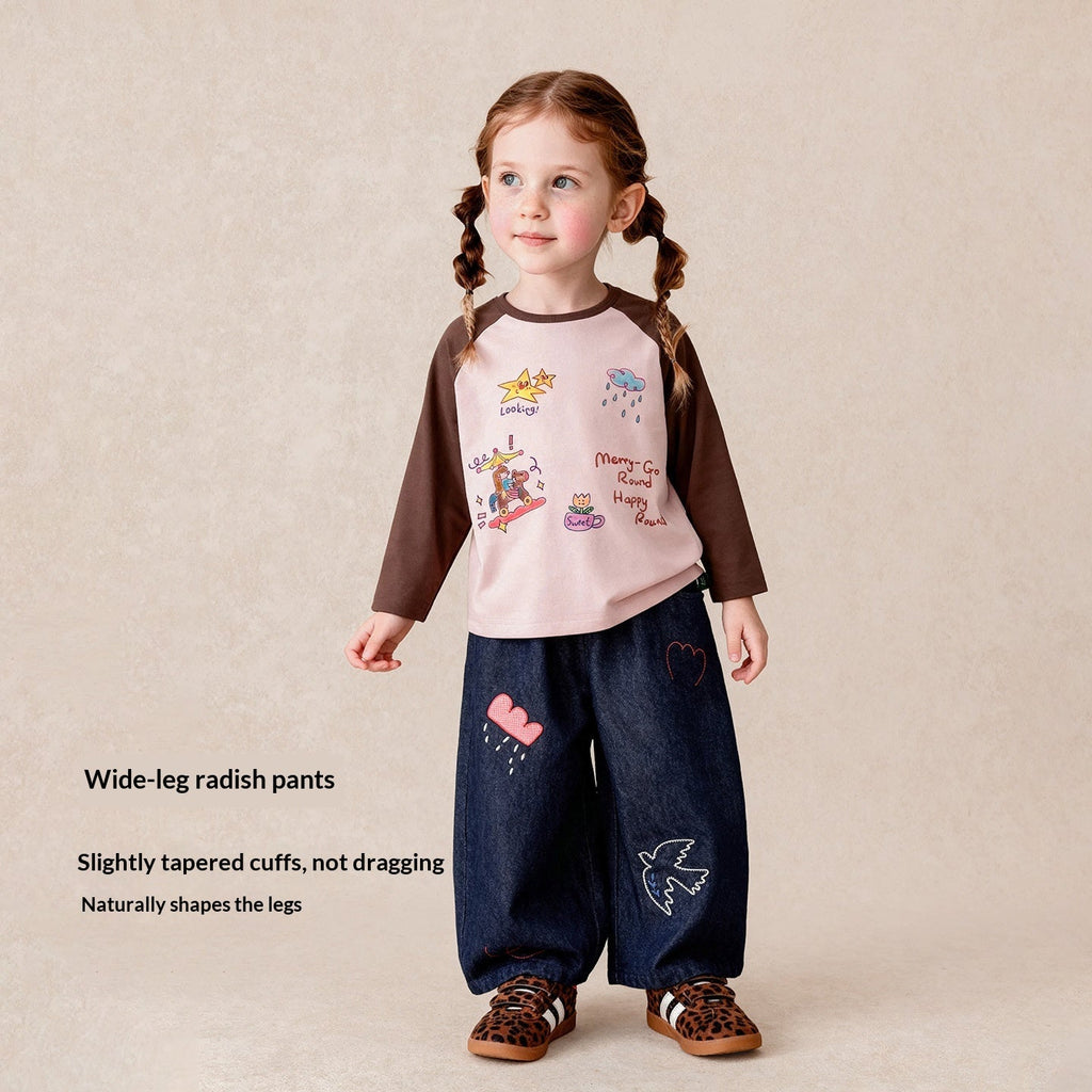 Letter Embroidery Wide Leg Straight Pants Cotton Trousers Spring Autumn
