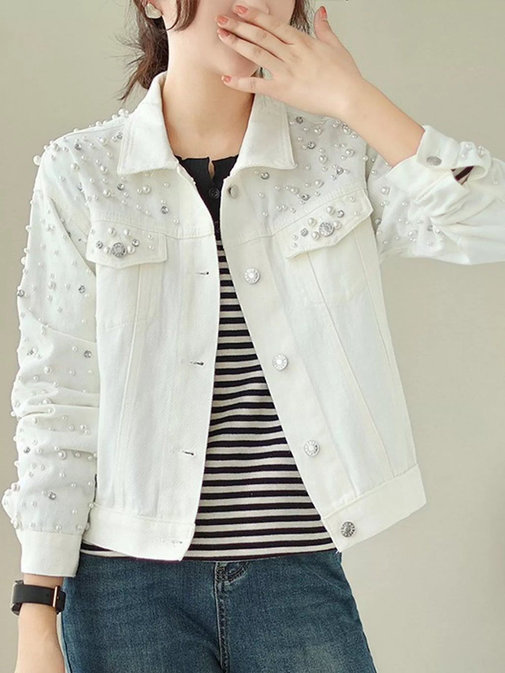Pearl Detail Button Up Denim Jacket