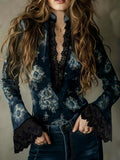 Lace Trim Flare Sleeves Blouse