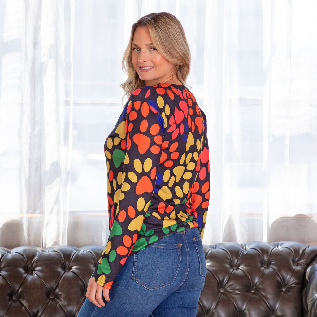 Colorful Paw Print Long Sleeve V-Neck Top