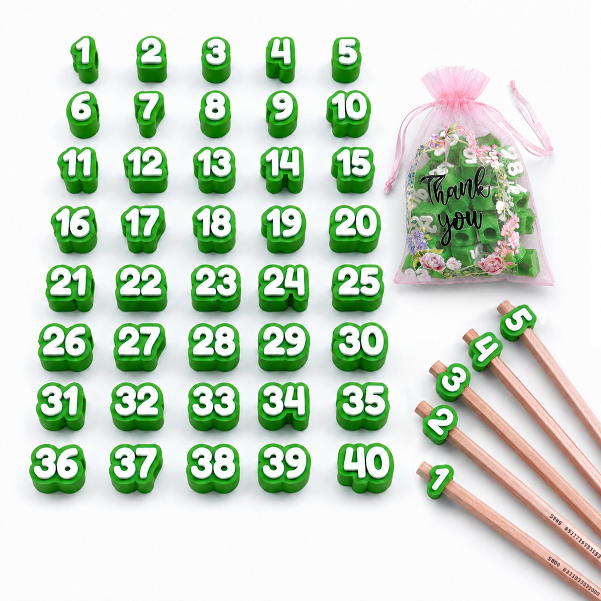 40PCS Numbered Pencil Toppers, 1-40 Reusable 3D Printed Pencil Number Caps, Side-Entry Pencil Labels For Classroom Organization, Teachers, Students & Homeschool