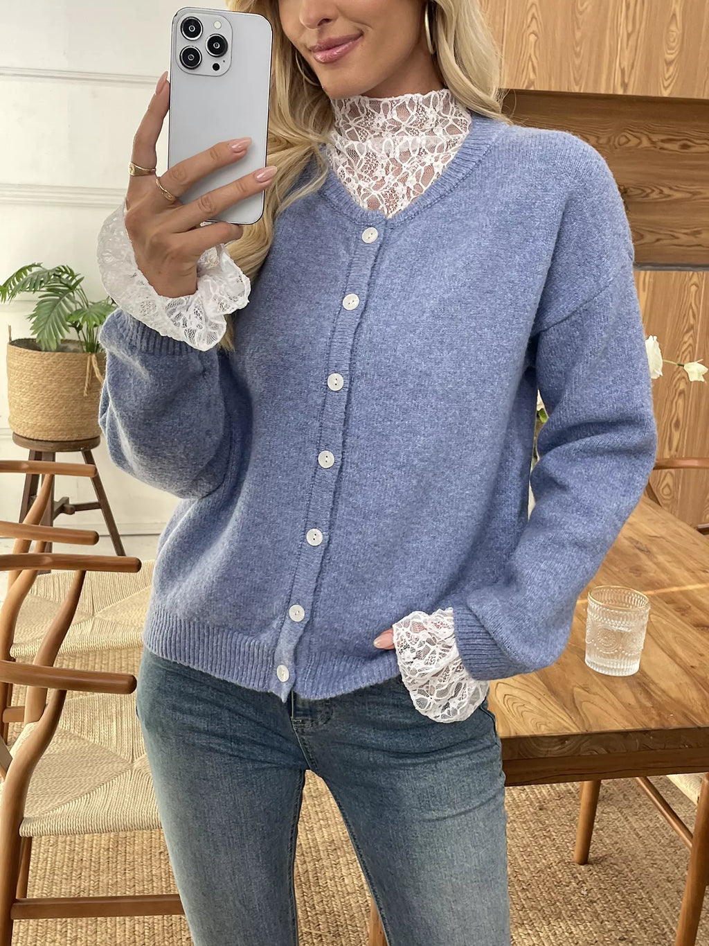 Button-Down Cardigan with Delicate Lace Trim
