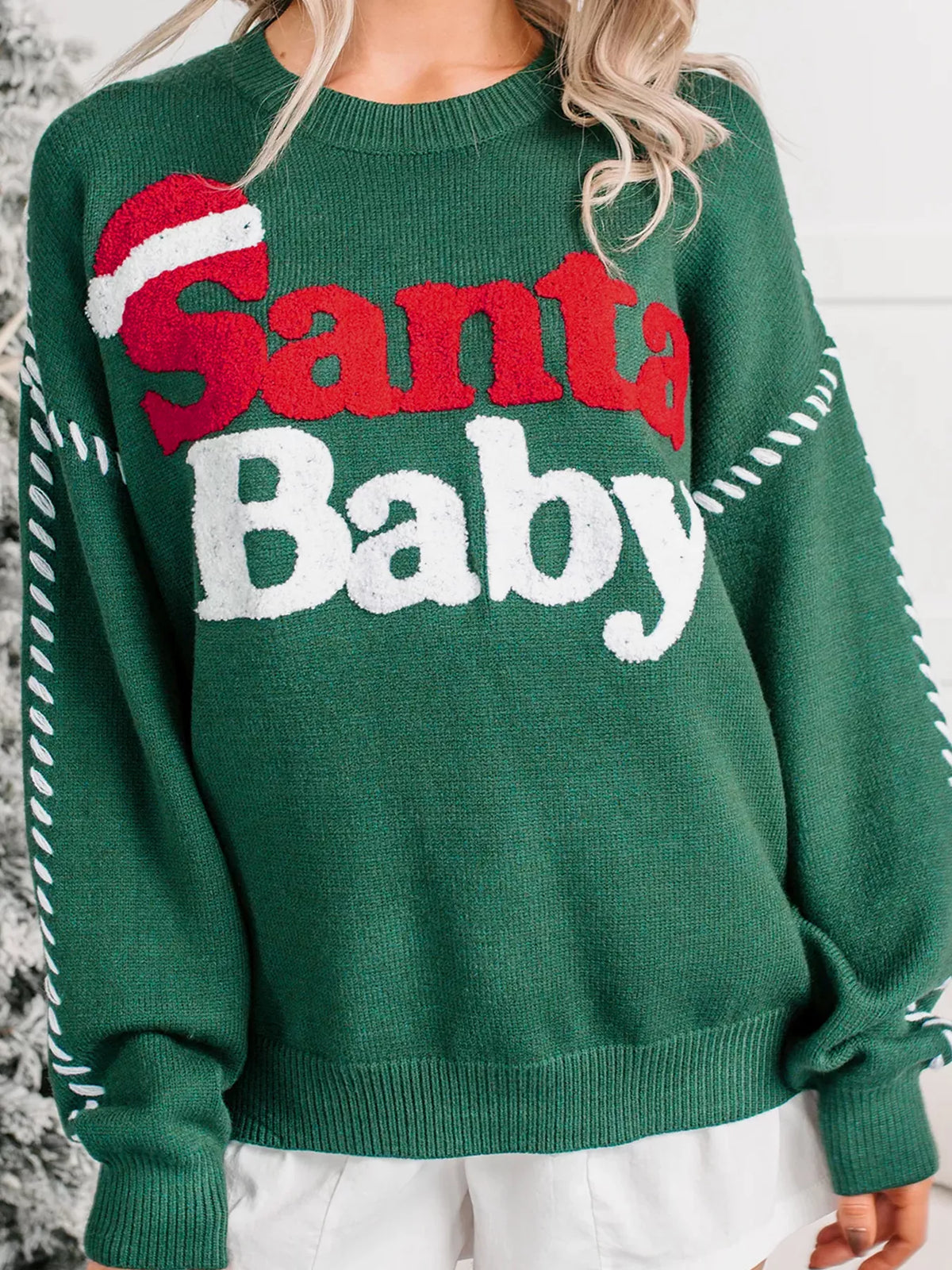 Santa Baby Towel Embroidery Christmas Slogan Pullover Sweater