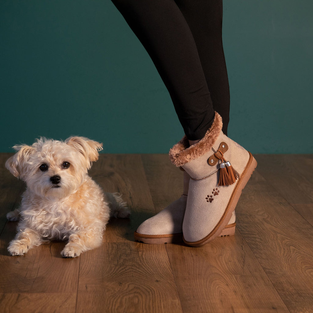 Paw Print Faux Suede Boots With Tassels