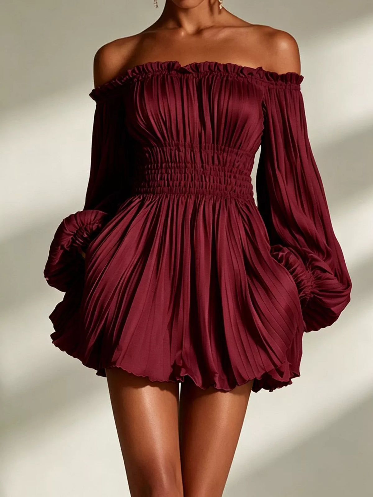 Off-Shoulder Pleated Mini Dress