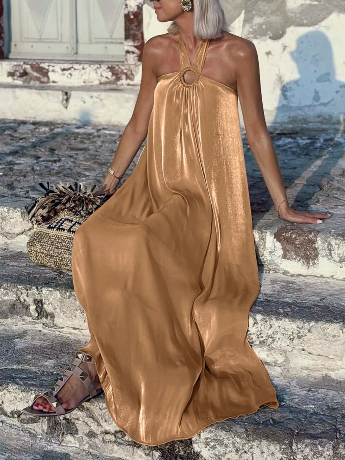Halter Neck Maxi Dress with O-Ring Detail