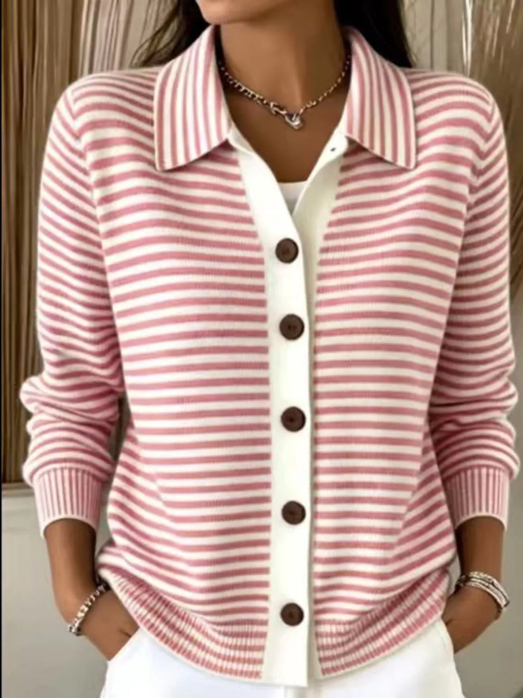 Striped Collared Button-Down Knit Cardigan