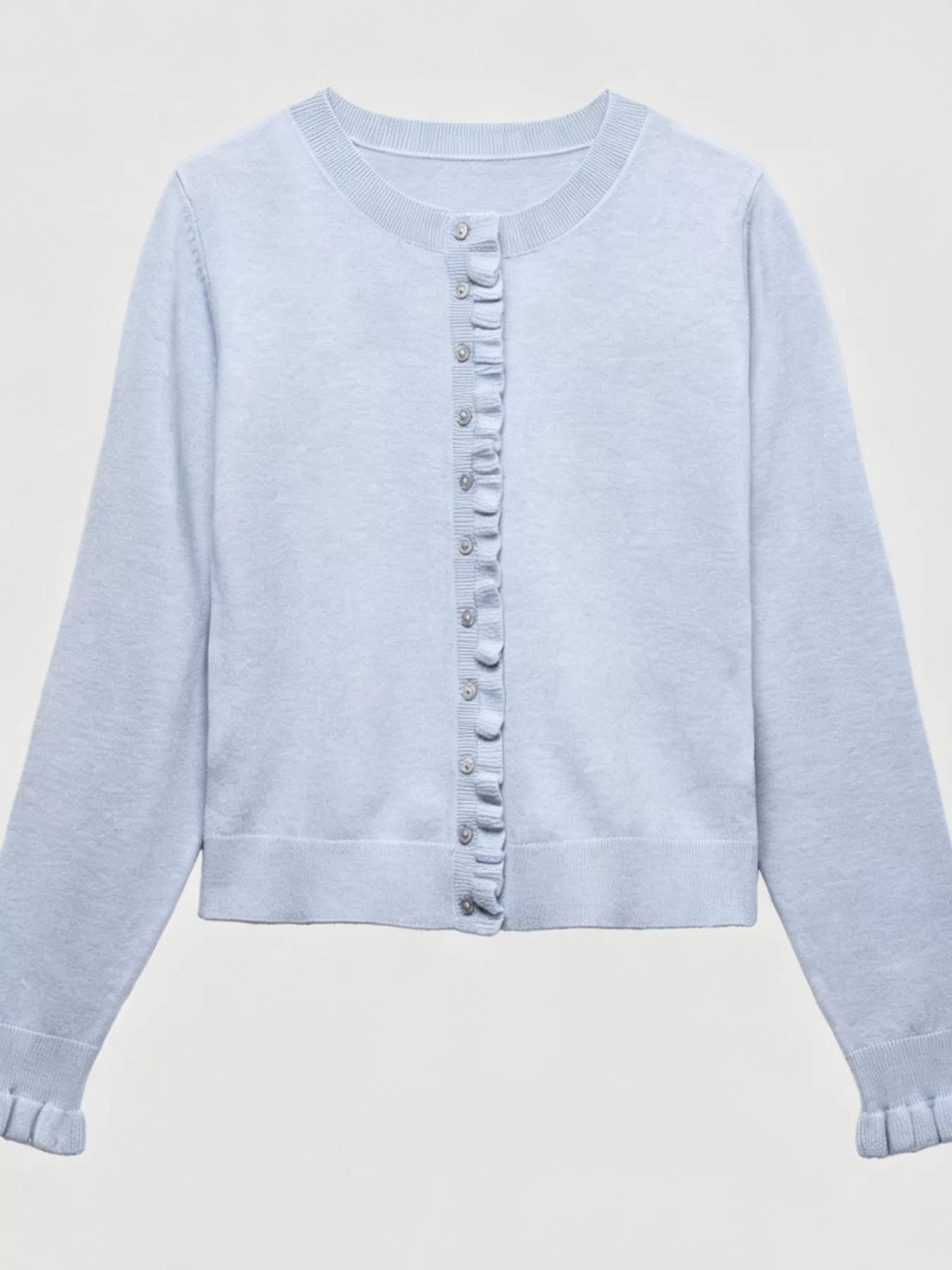 Ruffle-Trimmed Button-Down Knit Cardigan