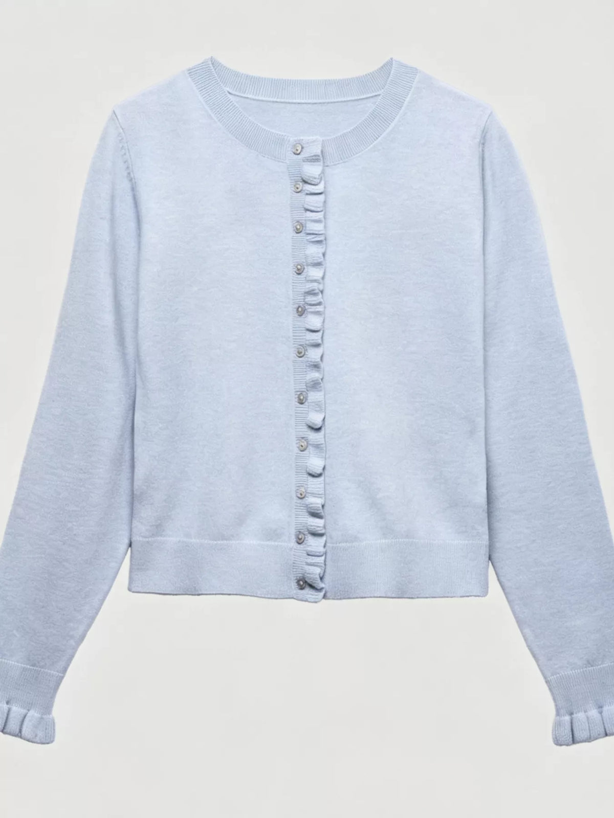 Ruffle-Trimmed Button-Down Knit Cardigan