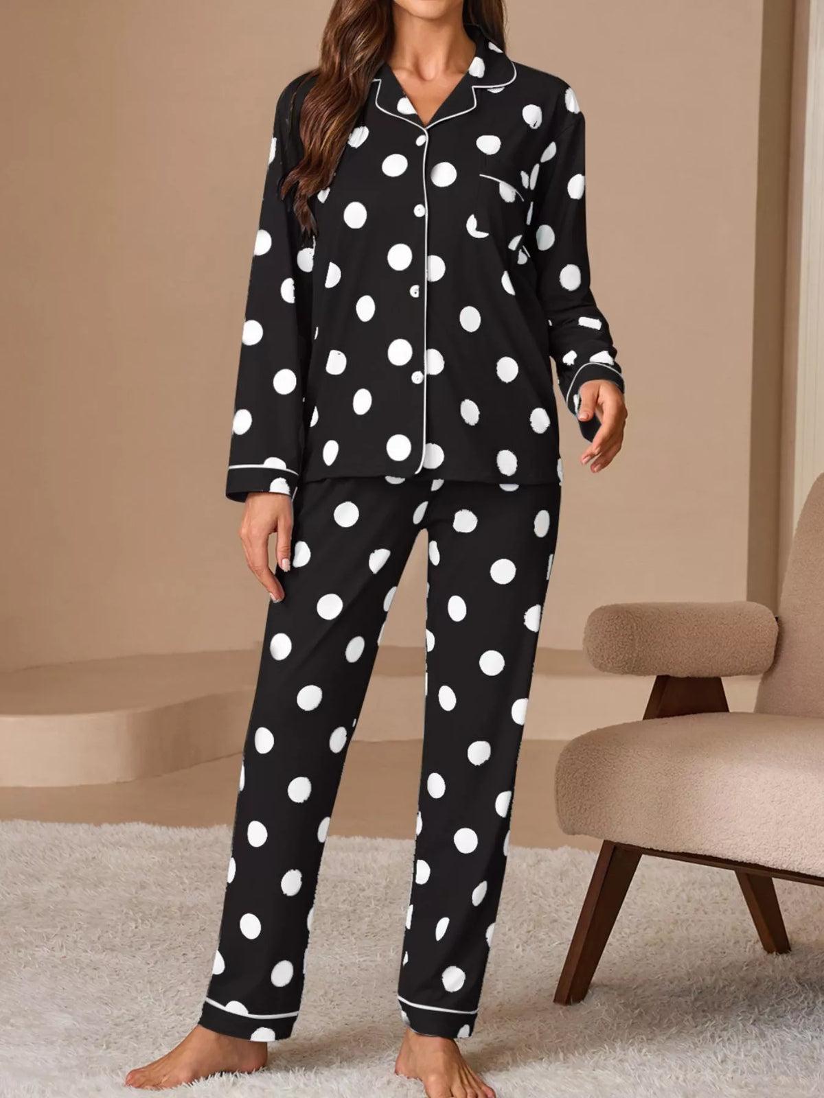Polka Dot Button-Down Top and Pants Lounge Set