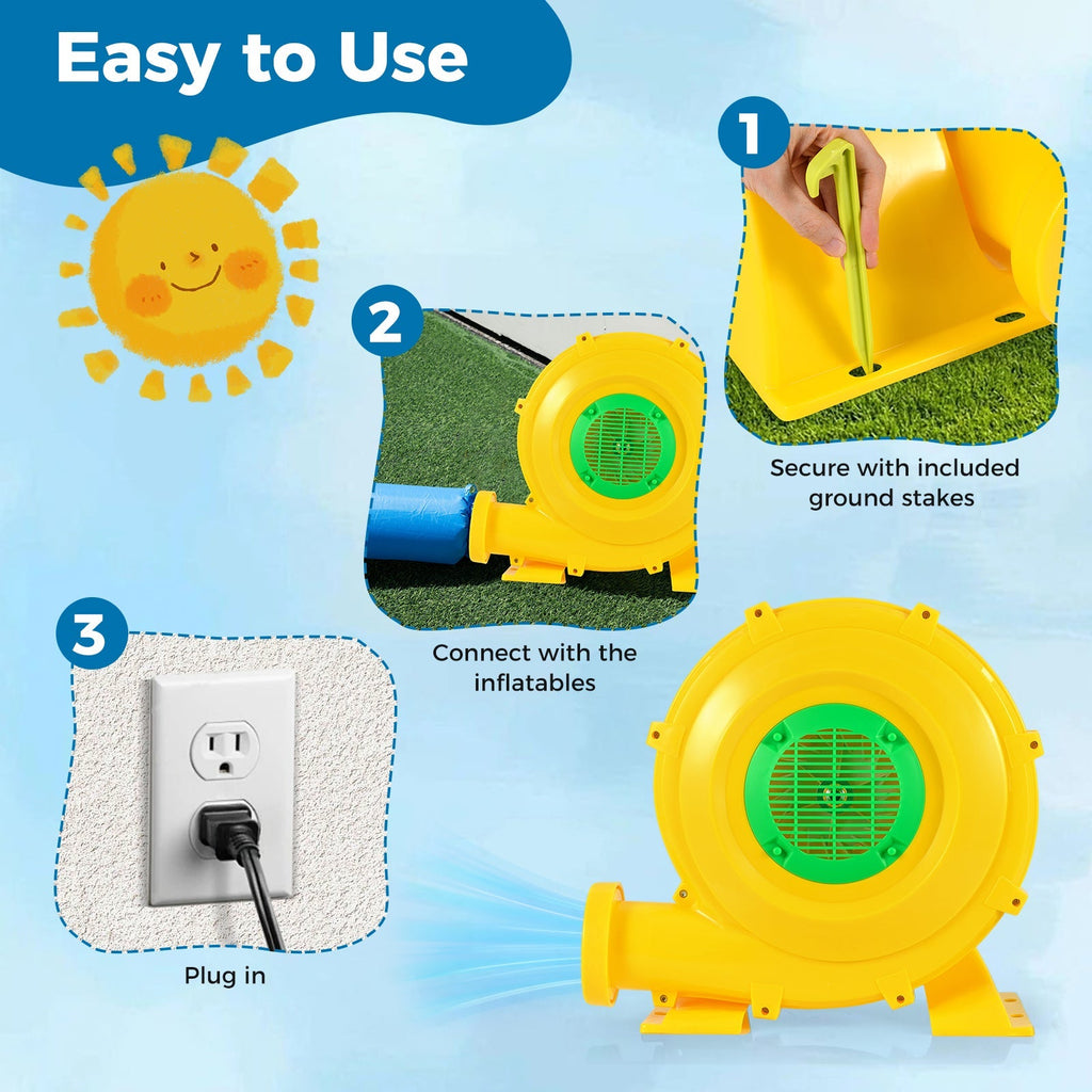 980W Bounce House Blower 1.31 HP Portable Air Pump Fan with Handle and Ground Stakes
