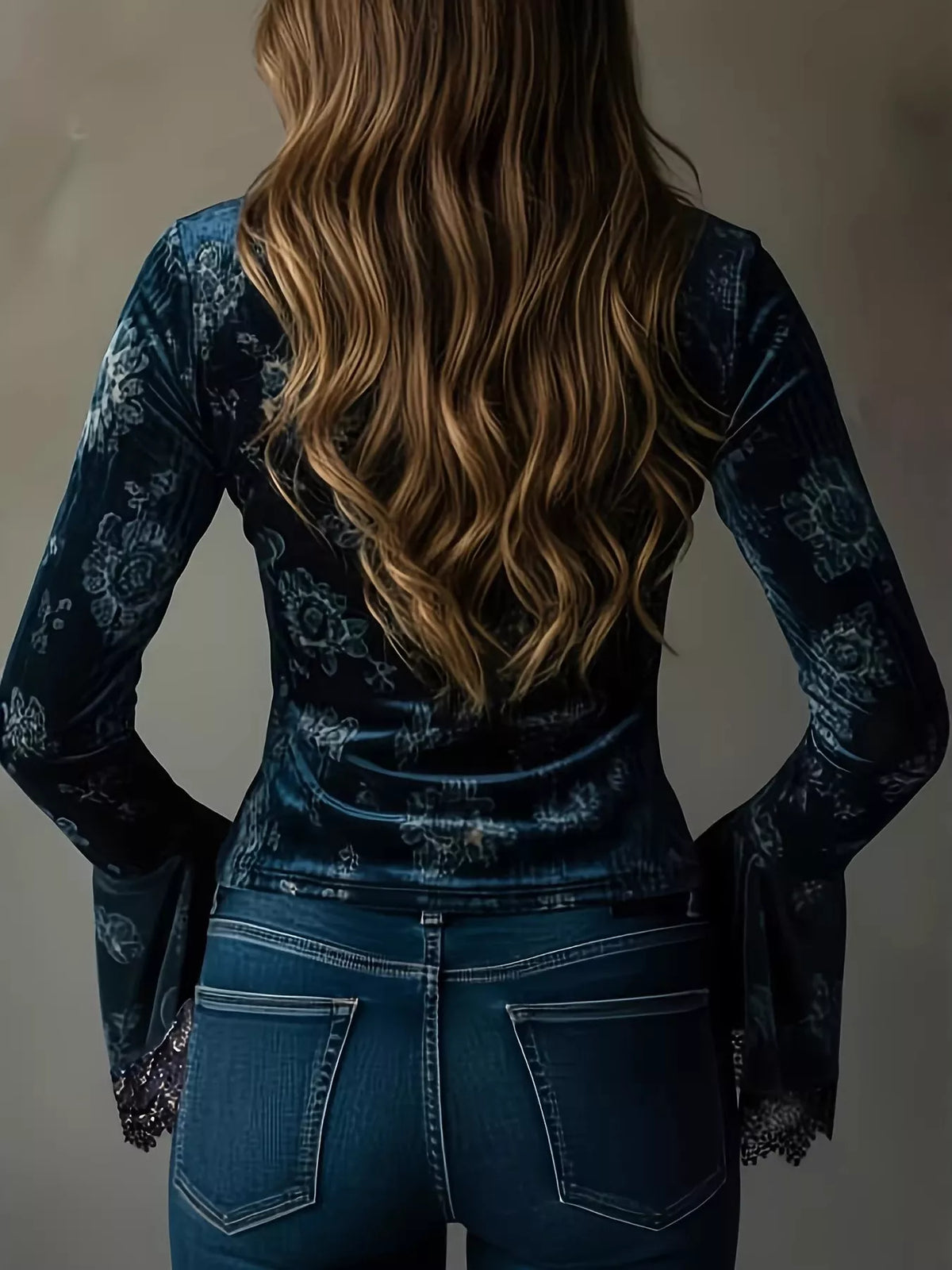 Lace Trim Flare Sleeves Blouse