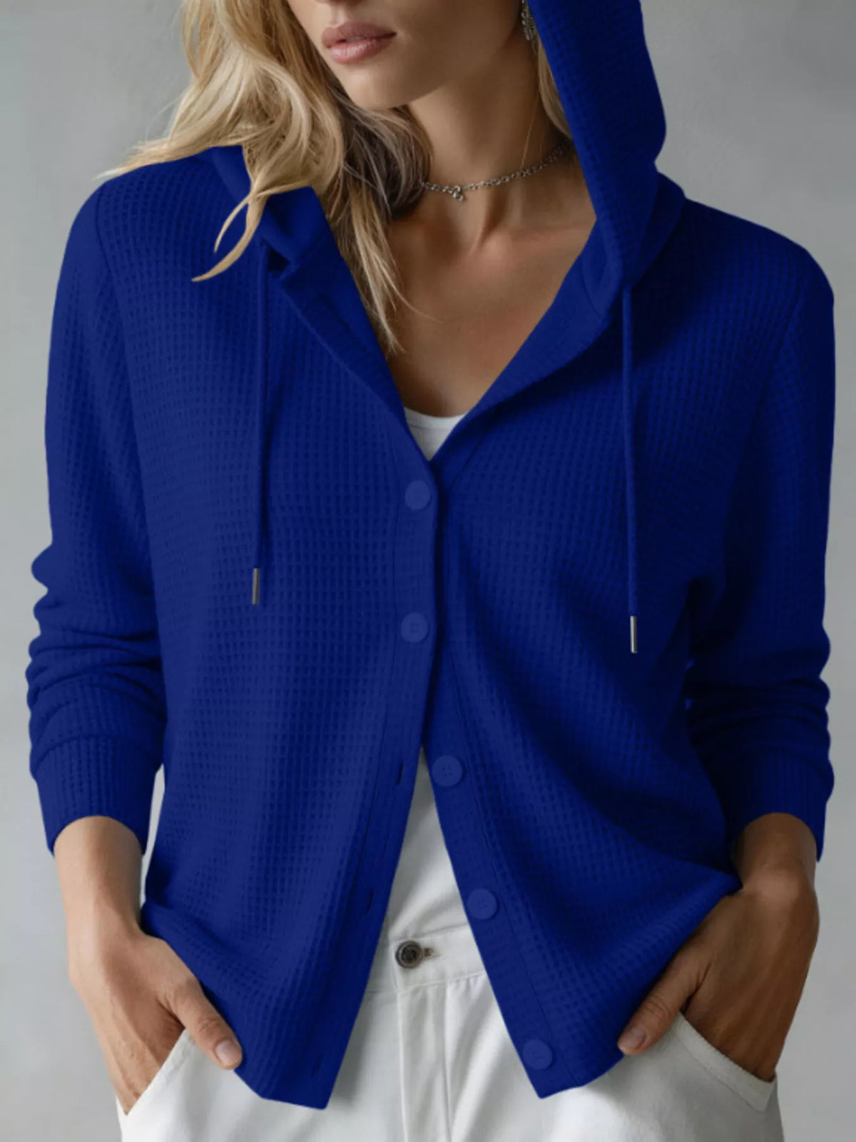Waffle Knit Button-Down Hooded Cardigan
