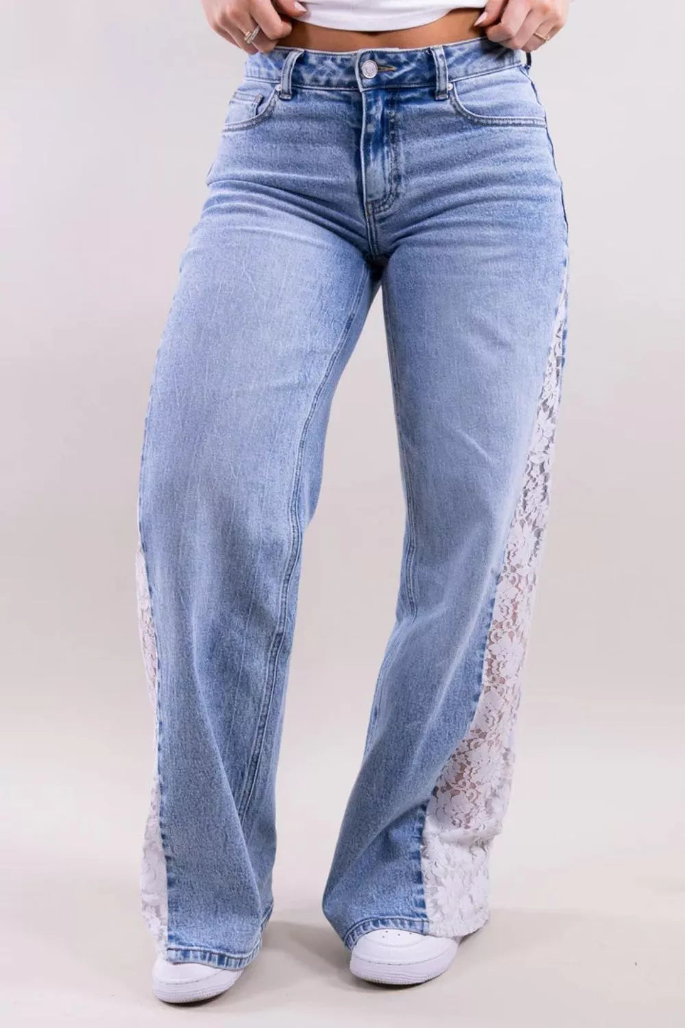 Lace-Paneled Wide-Leg Jeans