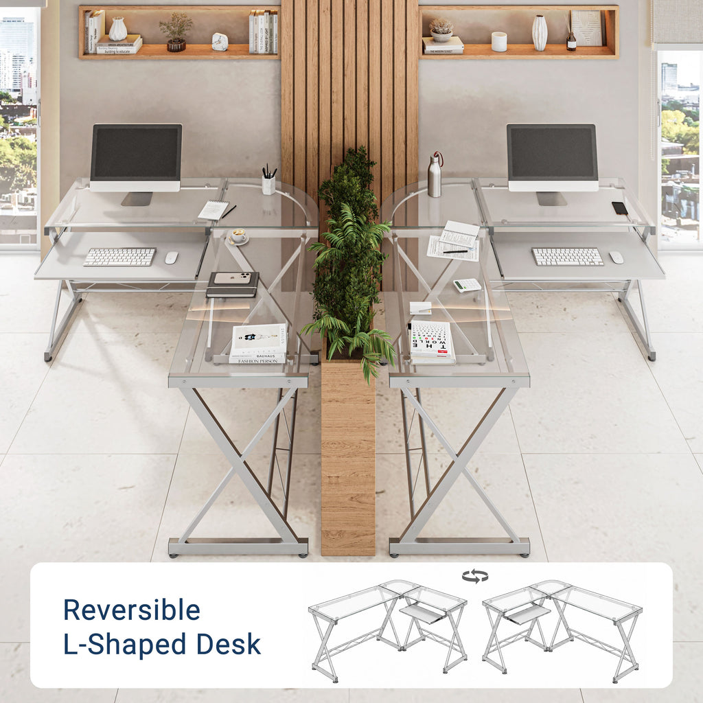 Techni Mobili L-Shaped Tempered Glass Top Computer Desk with Pull Out Keyboard Panel, Clear