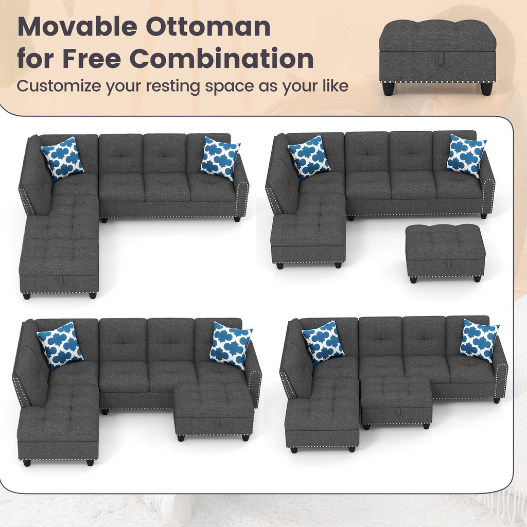 98 Inches Sectional Sofa Couch with Movable Storage Ottoman and Linen Fabric Backs