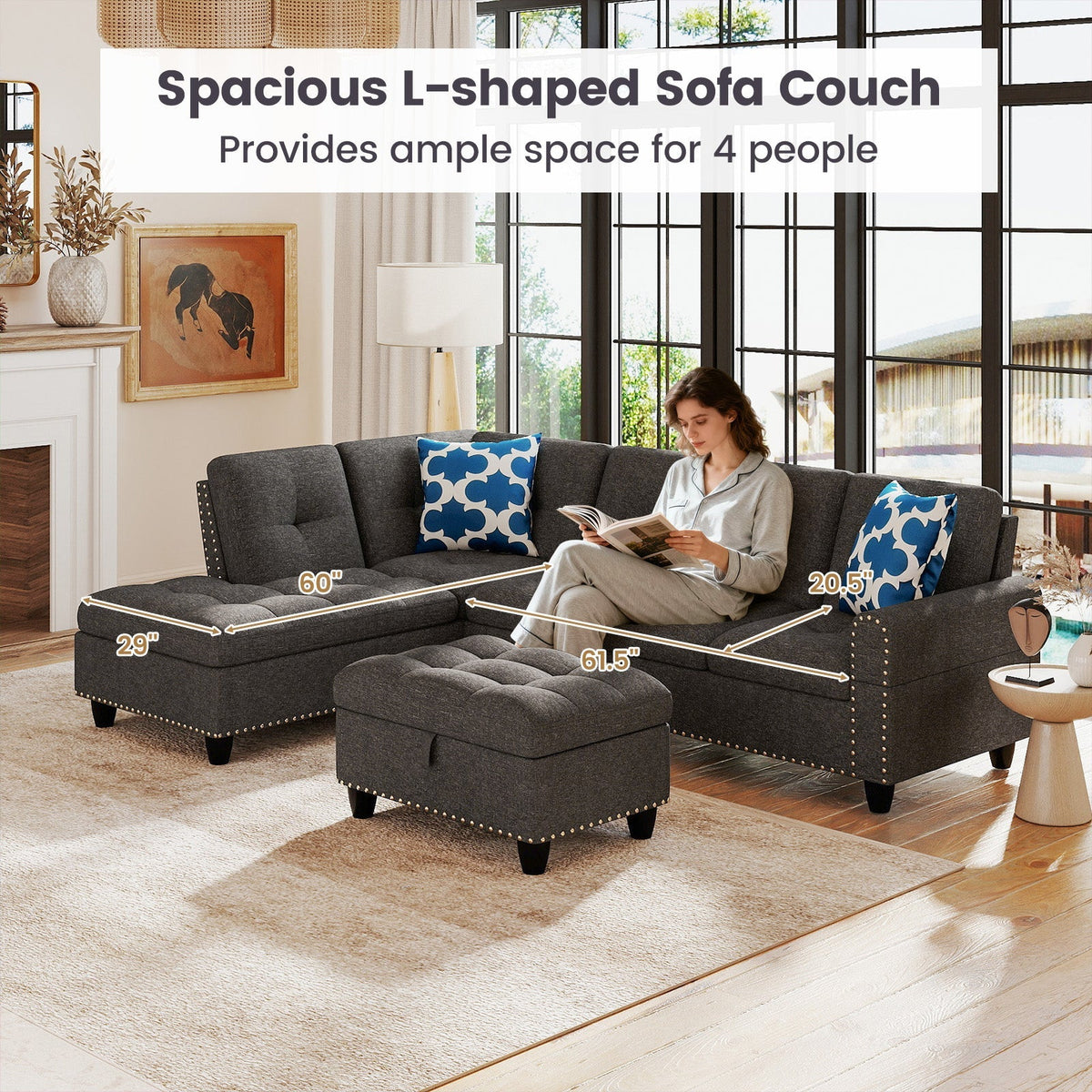 98 Inches Sectional Sofa Couch with Movable Storage Ottoman and Linen Fabric Backs