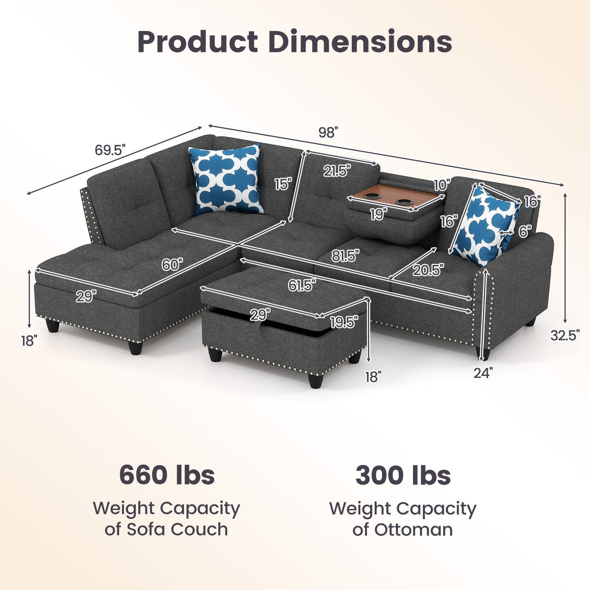 98 Inches Sectional Sofa Couch with Movable Storage Ottoman and Linen Fabric Backs