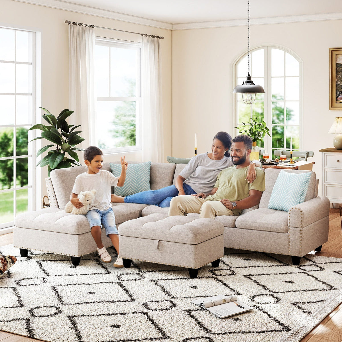 98 Inches Sectional Sofa Couch with Movable Storage Ottoman and Linen Fabric Backs