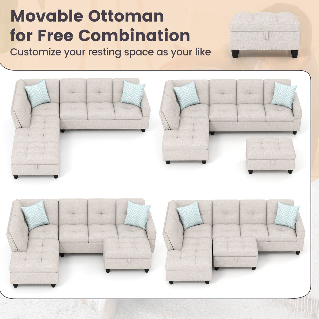98 Inches Sectional Sofa Couch with Movable Storage Ottoman and Linen Fabric Backs