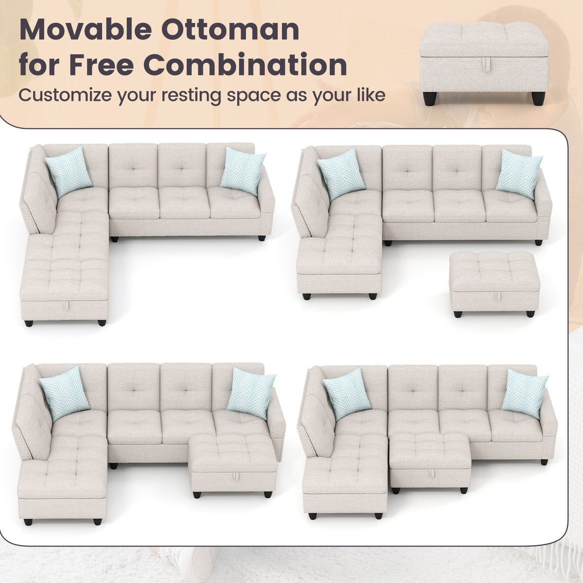 98 Inches Sectional Sofa Couch with Movable Storage Ottoman and Linen Fabric Backs