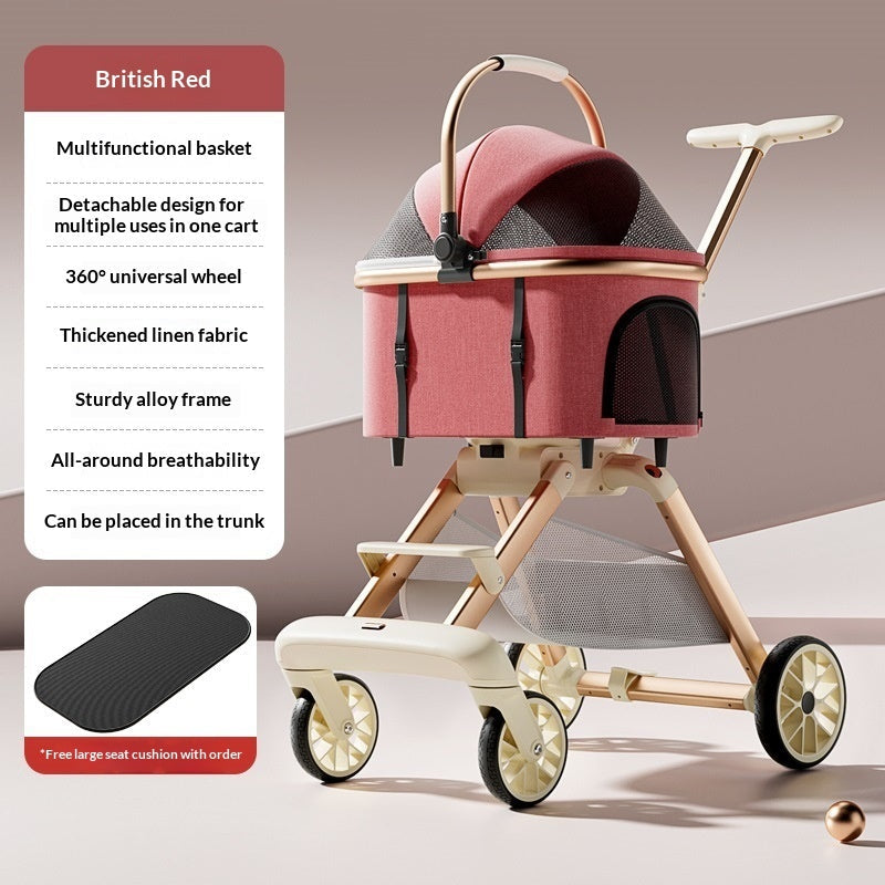 Luxury Cat Stroller With Detachable Pet Carrier, Foldable, Sturdy Alloy Frame