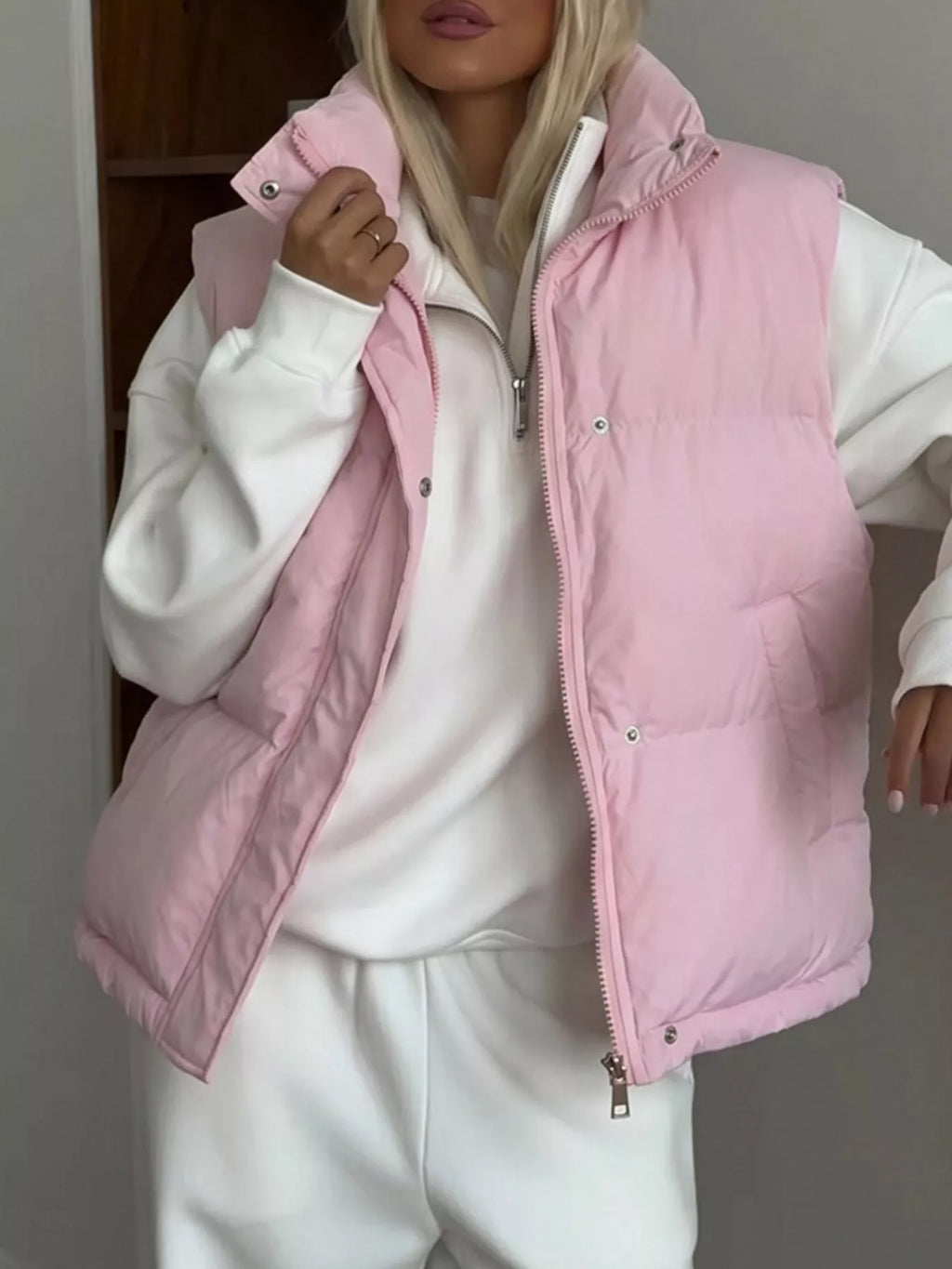 Snap-Button Placket Quilted Puffer Vest Coat
