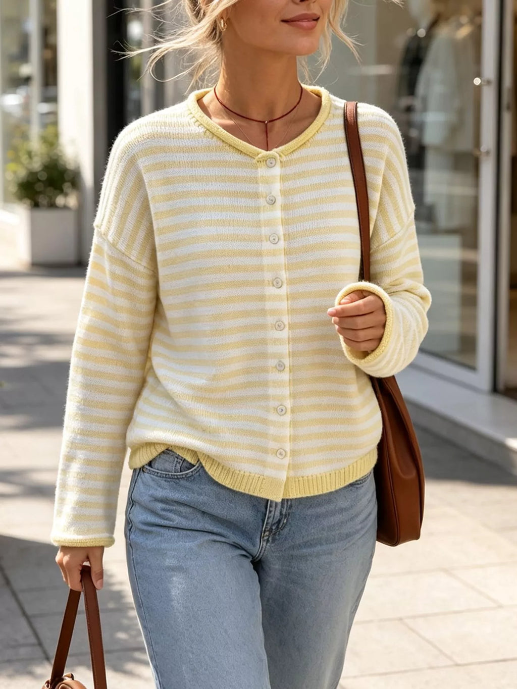 Striped Button-Down Knit Cardigan