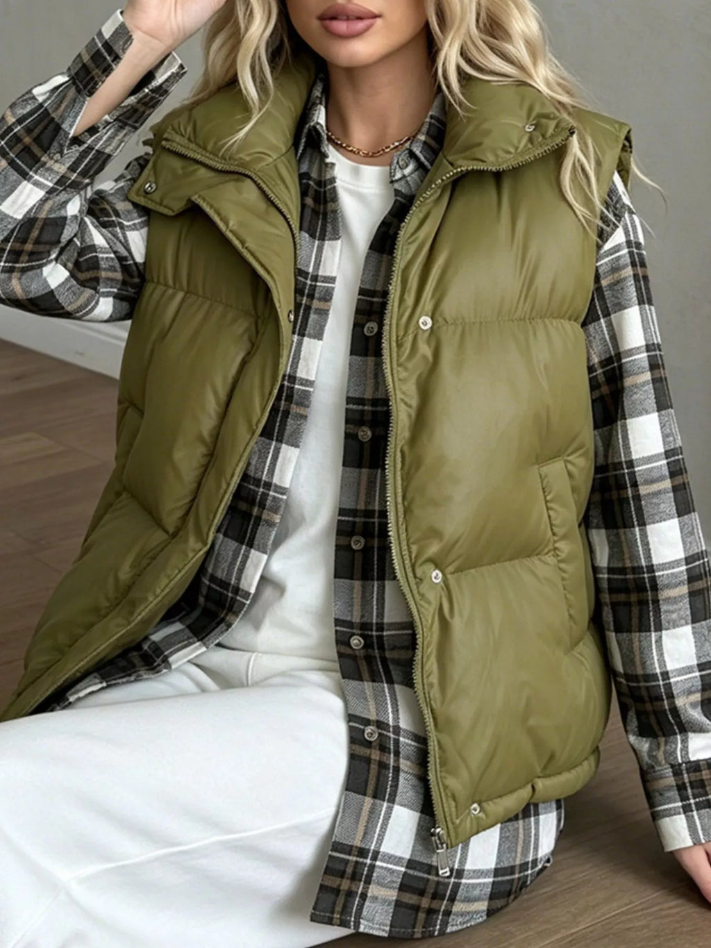 Snap-Button Placket Quilted Puffer Vest Coat