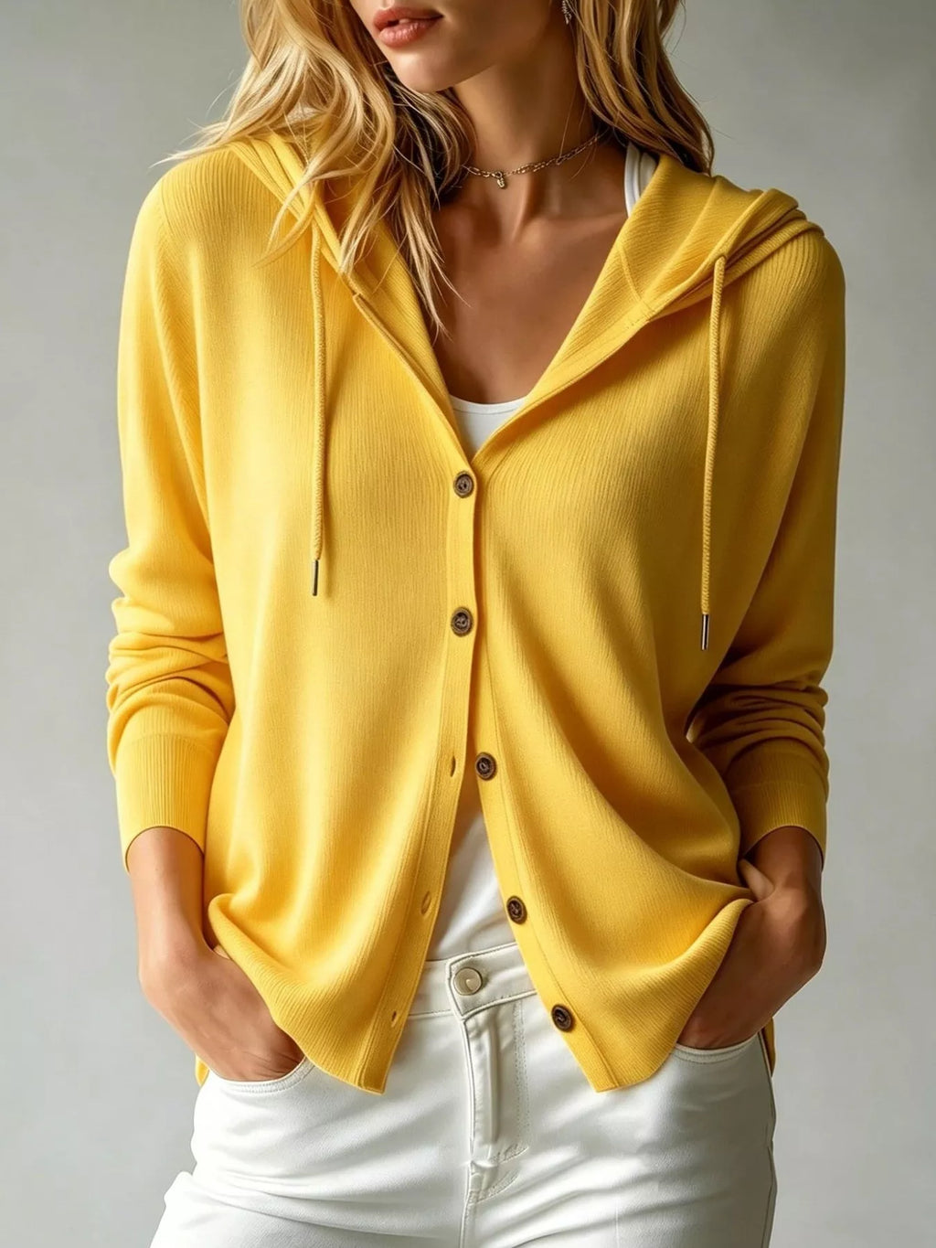 Drawstring Button Down Hooded Cardigan