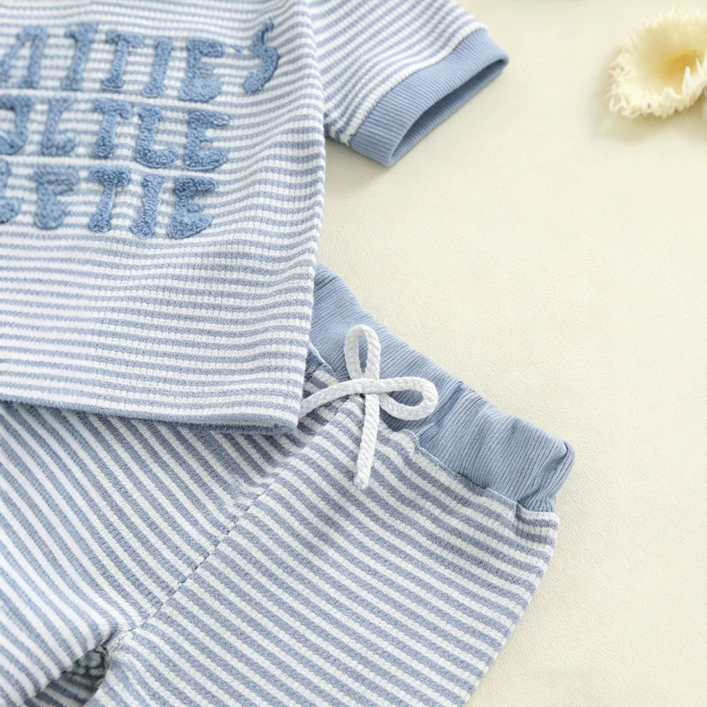 Casual Striped Waffle-knit Letter-embroidered Short-sleeve Top And Shorts