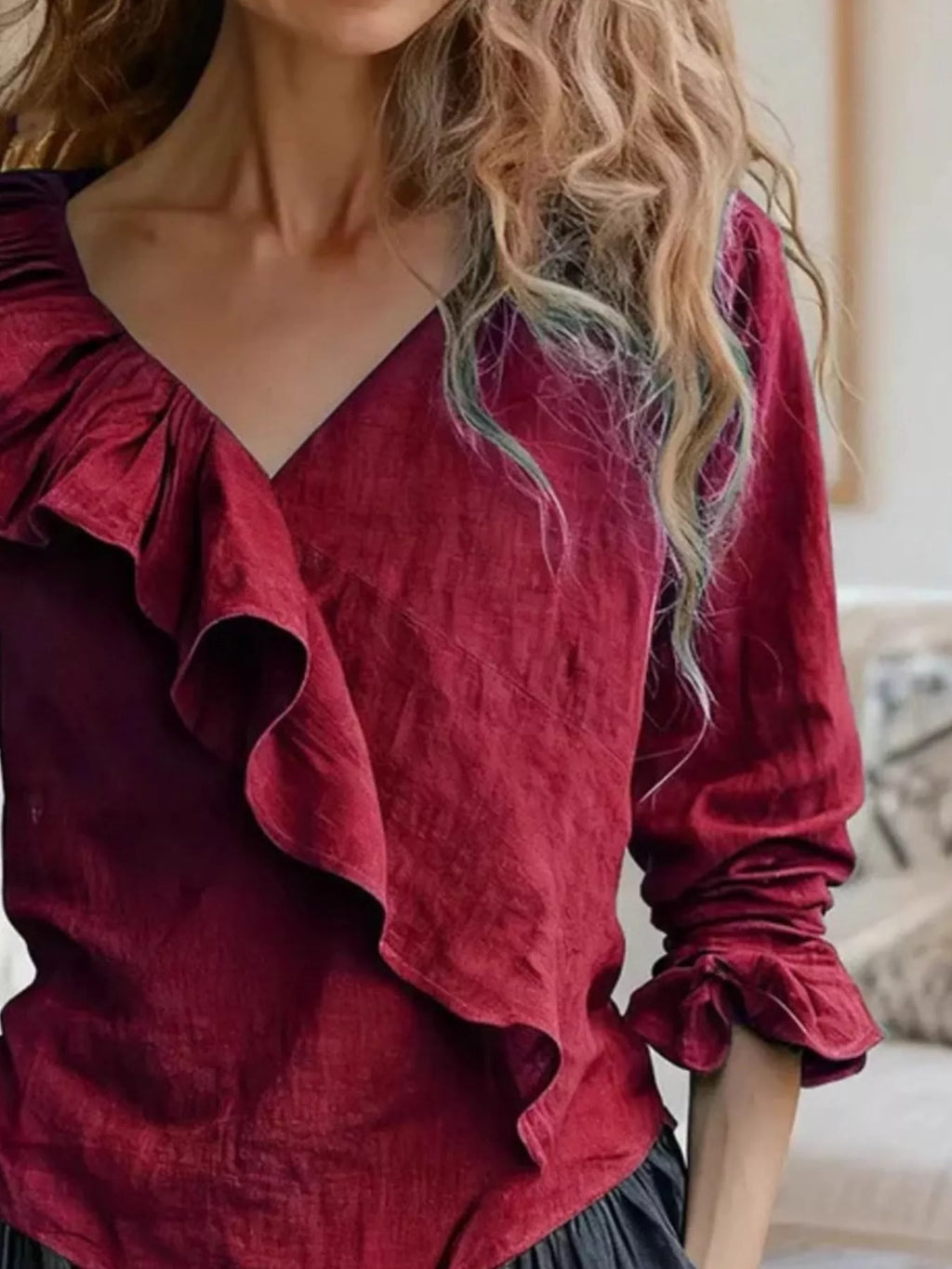 V-Neck Ruffled Long Sleeve Blouse