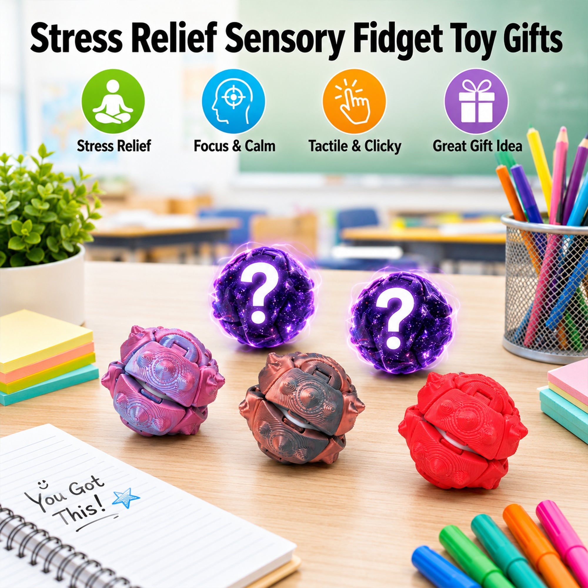 5 Pack Mini Articulated Fidget Spheres, 3CM 3D Printed Textured Squeeze Balls With 2 Mystery Colors, Handheld Sensory Desk Accessories
